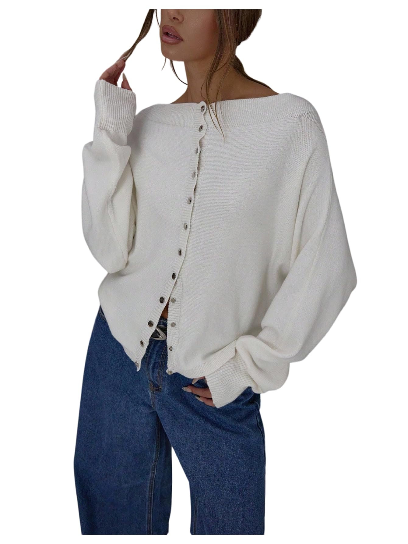 MakeMeChic Womens Button Down Cardigan Sweaters Off The Shoulder Tops Dolman Sleeve Knitwear