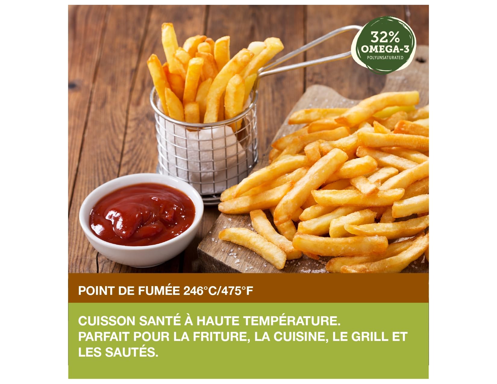 Signé Caméline. Huile de caméline vierge. 500ml. Pressée à froid. Huile de finition et de cuisson. Élevée en Omega-3. Point de fumée 246°C/475°F. Substitut à l'huile d'olive. Produit au Canada.