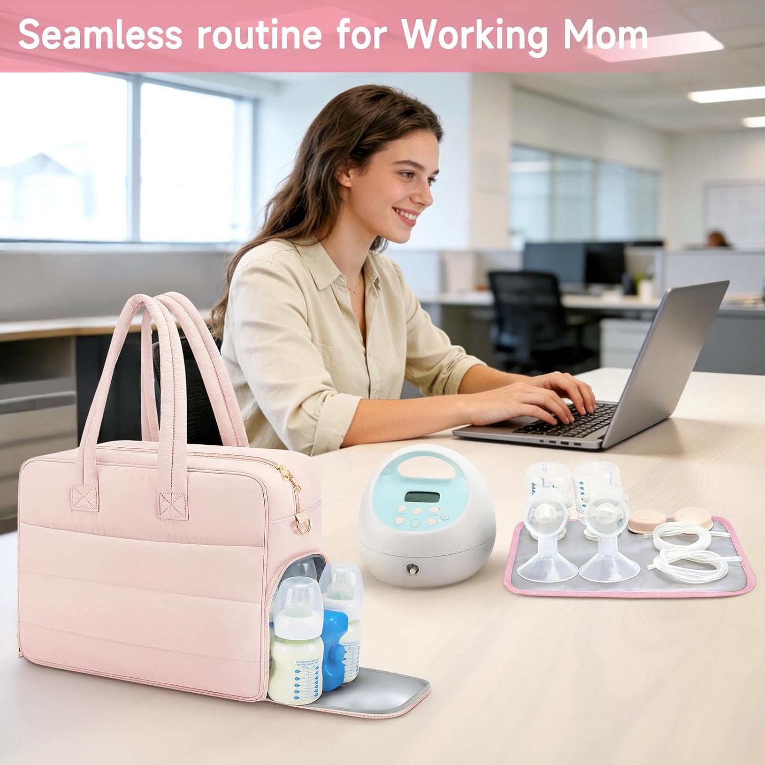 Breast Pump Bag with Insulated Breast Milk Cooler Pocket, Fits Spectra S1/S2 & Most Pumps, Water‑Resistant Work & Travel Tote with 15.6" Laptop Sleeve, Stroller Straps, Luggage Sleeve & Ice Pack, Pink