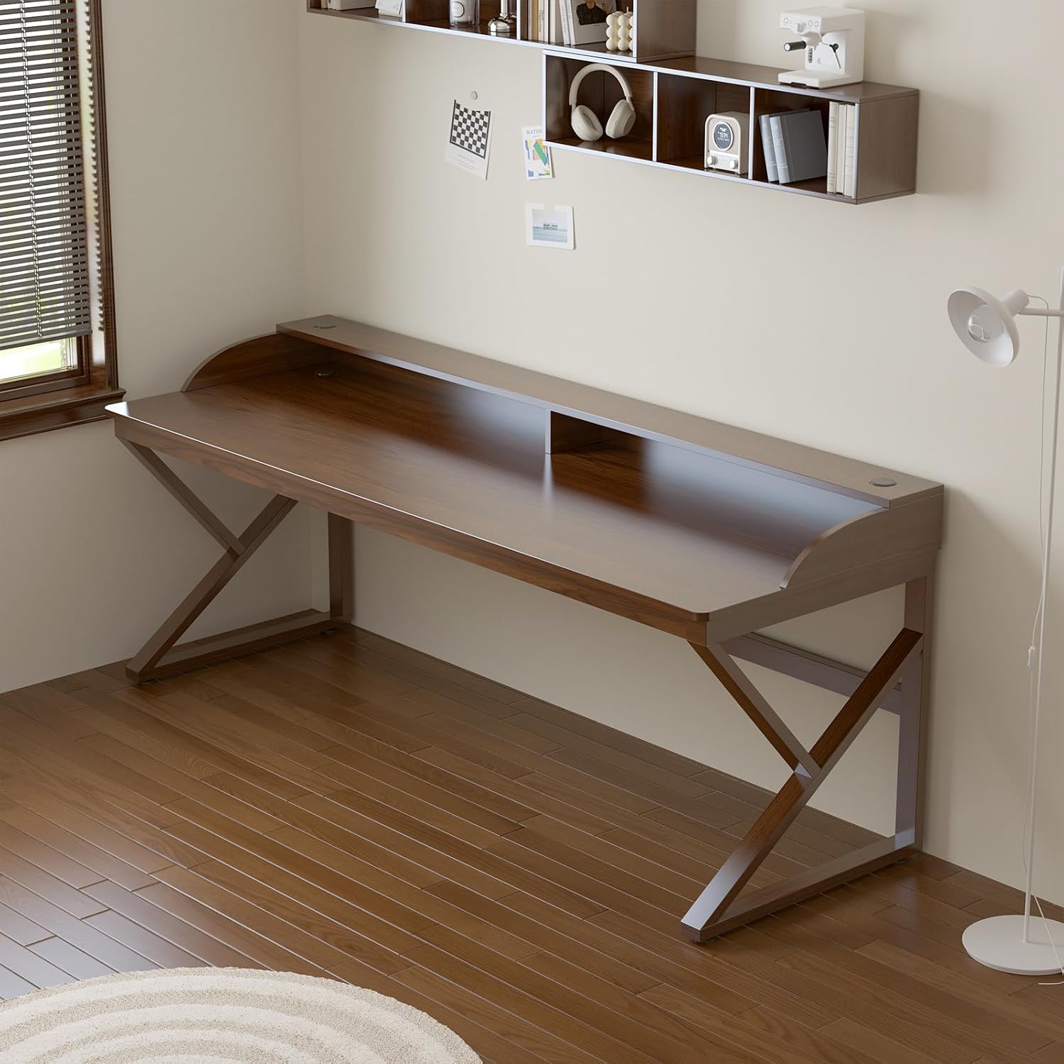 OSCHF Long Desk with Monitor Stand - 71" Double Long Computer Table for 2-Person Workstation, Large Writing Study Work Desk for Home and Office, Walnut