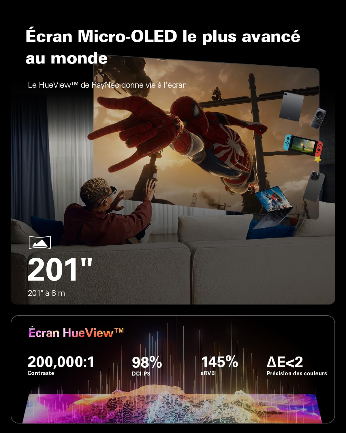 RayNeo Air 3s Lunettes AR/XR, Écran HueView 201" 120Hz FHD, Lunettes Connectée AR Portables pour iPhone 16/15, Android, Mac, Switch, PS5, Steam Deck – Théâtre Portable