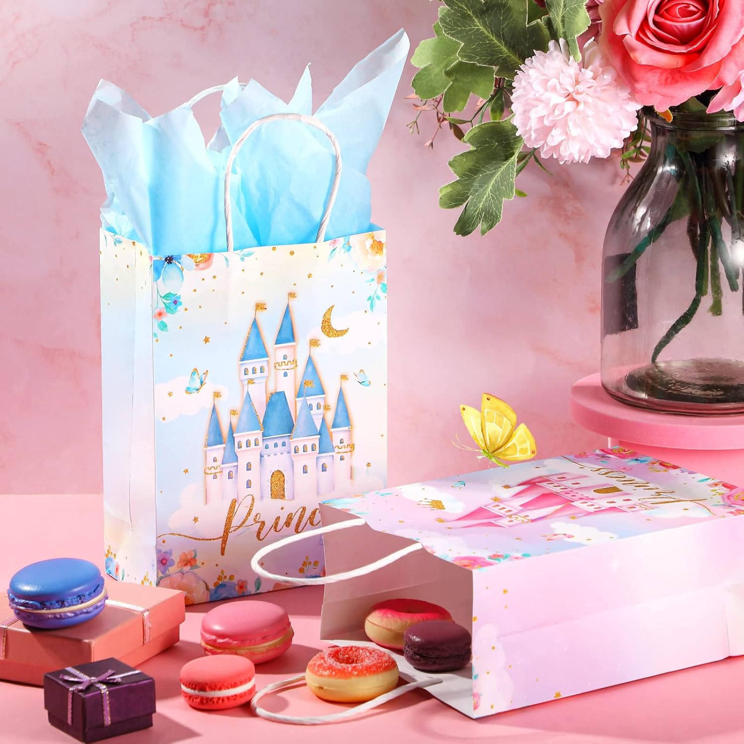 Nezyo 16 Pcs Princess Prince Party Favor Bags with Handles & Tissue Paper Prince Princess Candy Treat Goodie Gift Bags for Birthday Baby Shower Party Favors(Pink and Blue Castle) - Image 3
