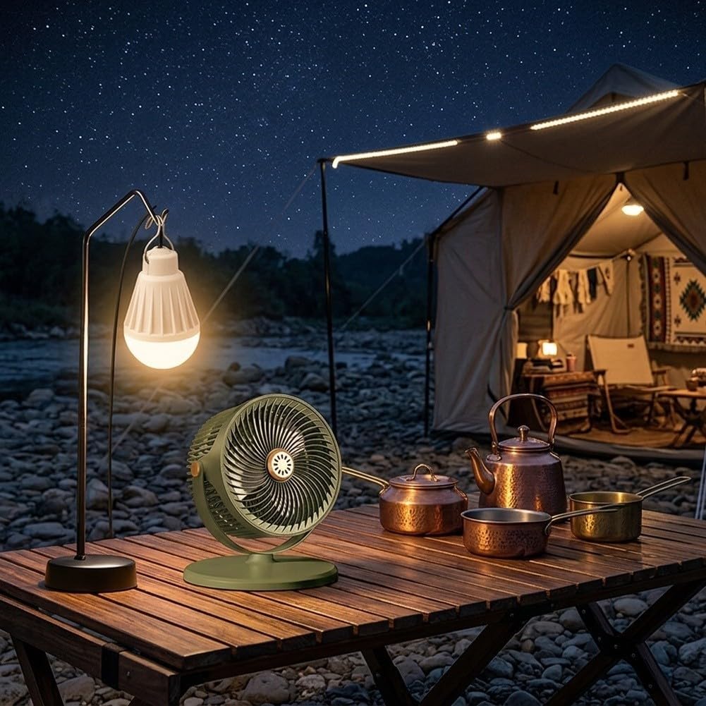 Solarbetriebener Bodenventilator mit USB wiederaufladbarer Option und verstellbarer Höhe, LED-Licht für Camping, Terrasse, Schlafzimmer oder Notfall (schwarz)