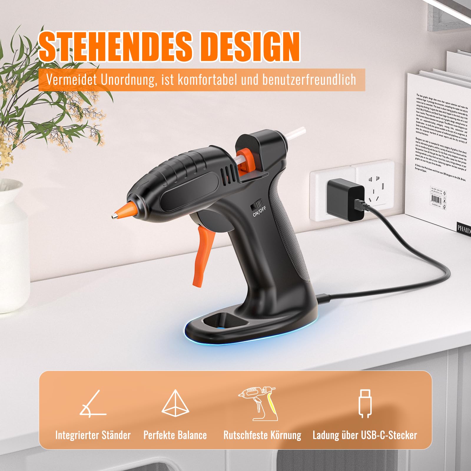 BURNNOVE Heißklebepistole Akku Heissklebepistole Kabellos mit 3000mAh Akku USB-C Aufladung Schnell Aufheizend 40 Stk 7mm*150mm Klebestifte Tropfsicher Ideal für DIY Basteln Reparatur Zuhause und Büro