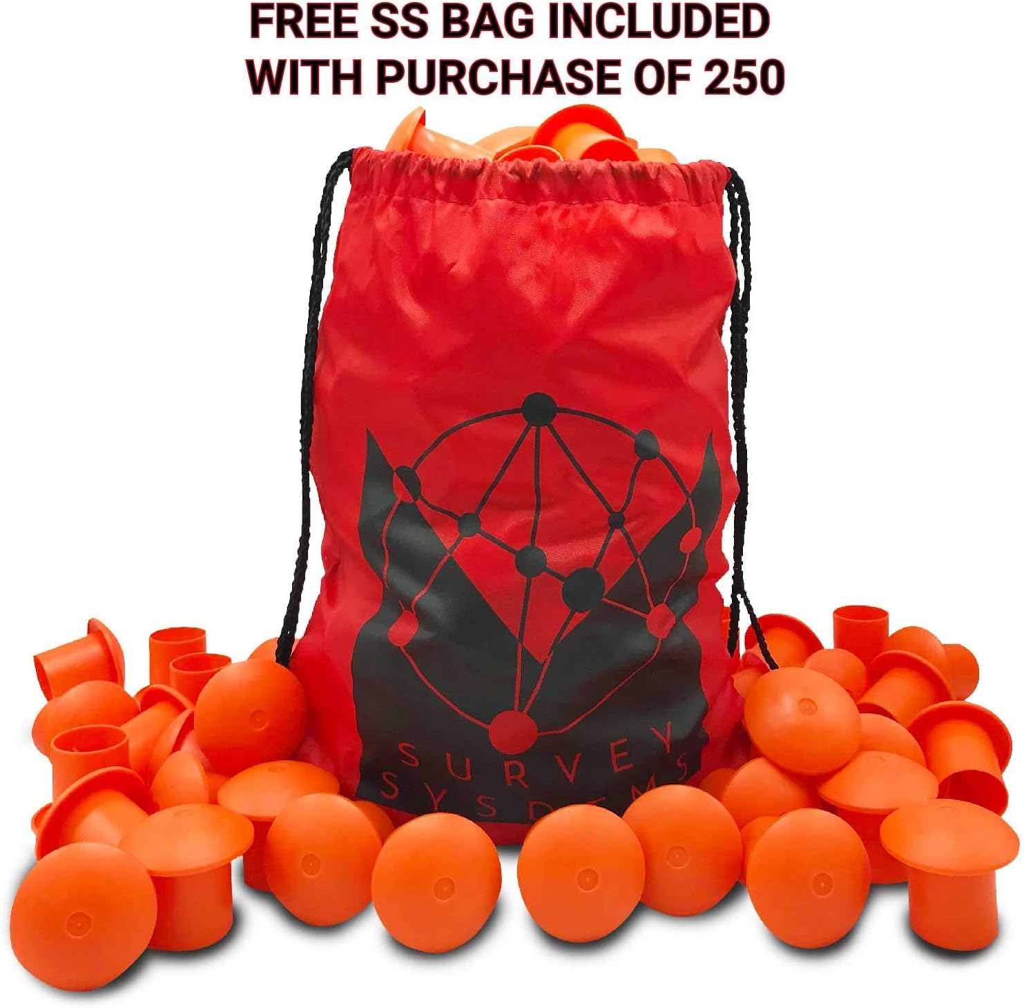 Exclusive Special Safety Orange Plastic Mushroom Survey Rebar Cap Covers - Fits Rebar Stake Size #3 - #7, 3/8 to 1, 10M - 25M Surveying Markers, Concrete Stakes, Grading Marker, Surveyor Pins, and Spikes (250 Pack)