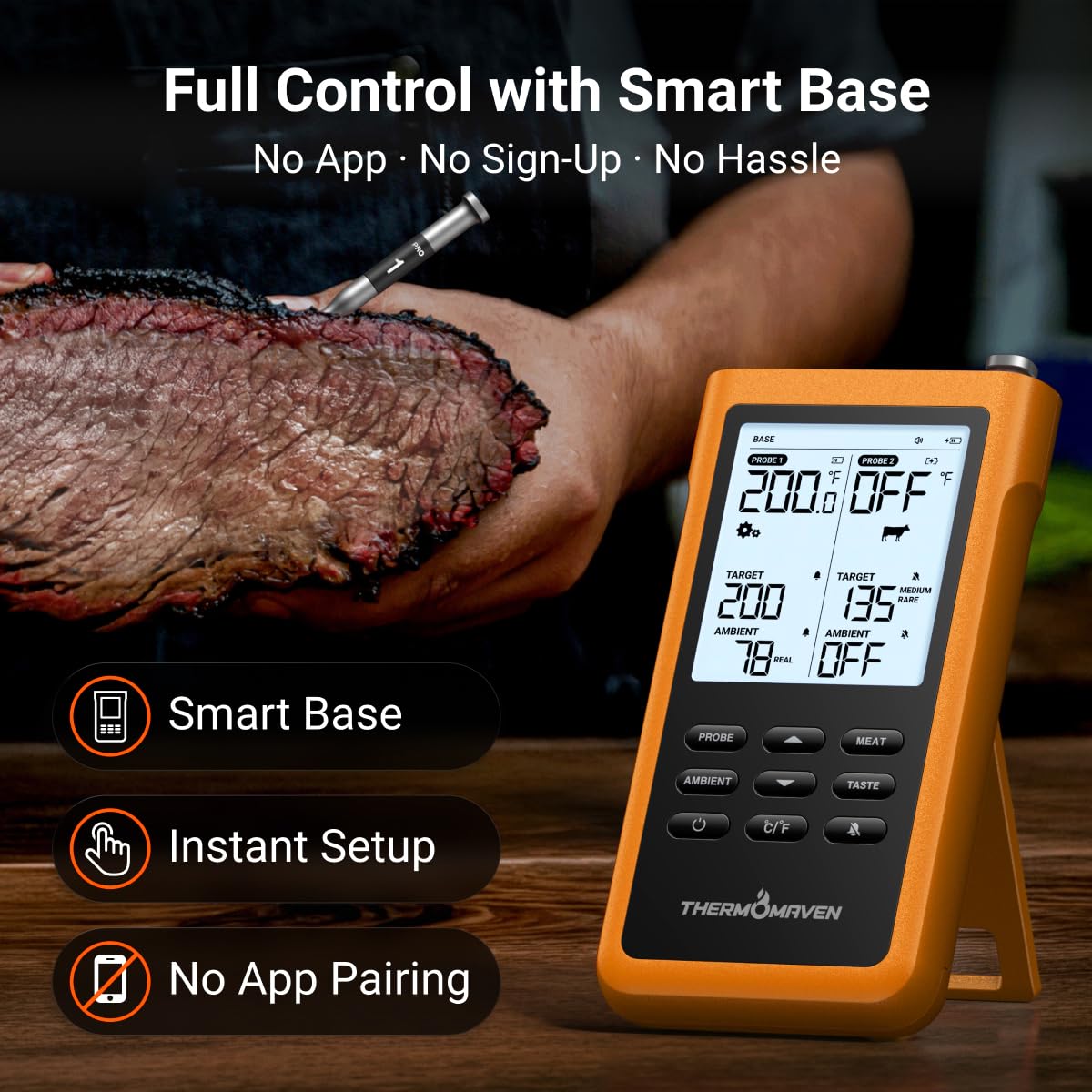 ThermoMaven Termometro intelligente wireless per carne, sub-1G, lungo raggio, 6 sensori (NIST preciso), 2 sonde sottili, stazione base con LCD, per barbecue, forno, affumicatore (arancione)