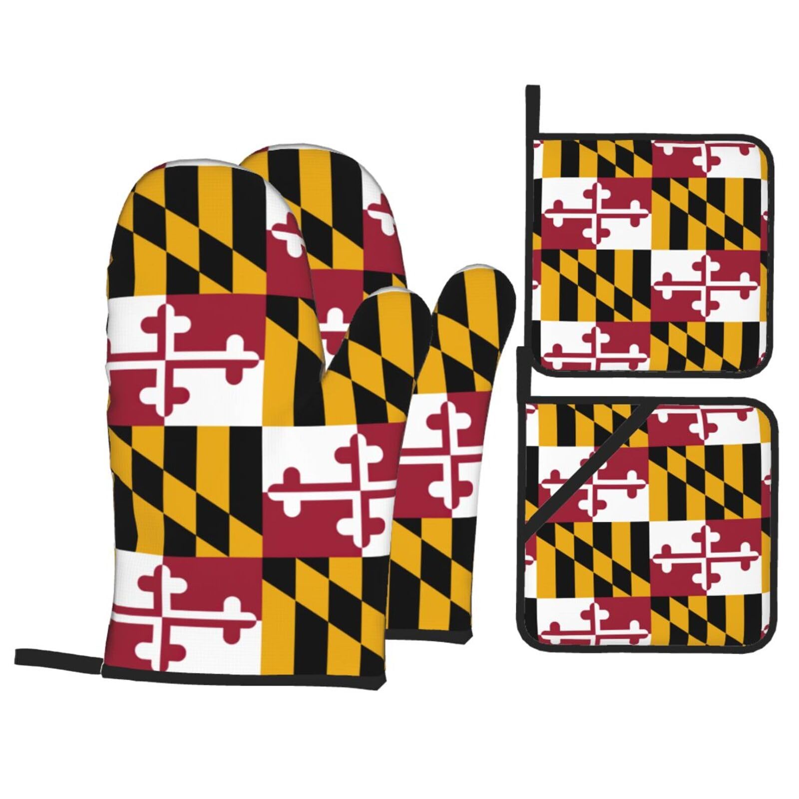 Nimongt Black Maryland State Flag Print Heat-Resistant 4-Piece Oven Kitchen Gloves For Baking Cooking Microwaving Essentials