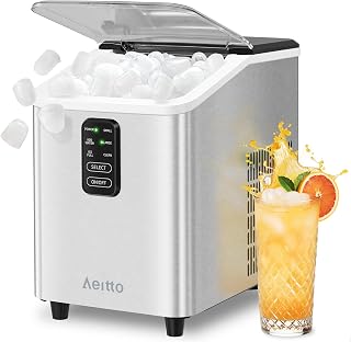 Aeitto Countertop Ice Maker: 26lbs/24H Bullet Ice in 6 Mins, 2 Sizes, Self-Cleaning, Portable w/ Basket & Scoop - Stainless Steel