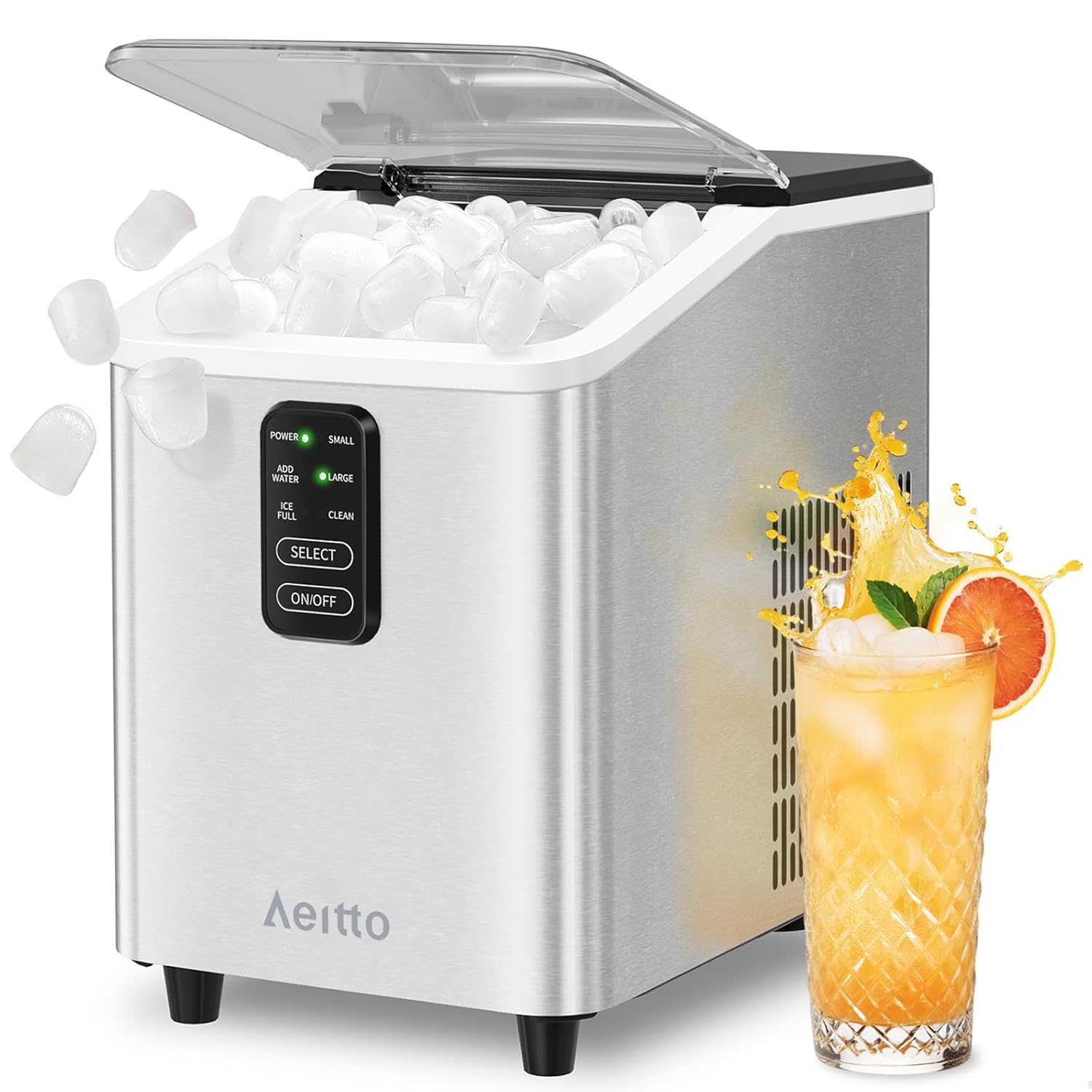 Aeitto Ice Maker Countertop 26lbs/24H, Ice Machine 8 Ice Cubes Ready in 6 Mins, 2 Sizes of Bullet Ice Portable Ice Makers with Basket & Scoop, Auto Self-Cleaning for Home/Kitchen/Office Stainless Silver