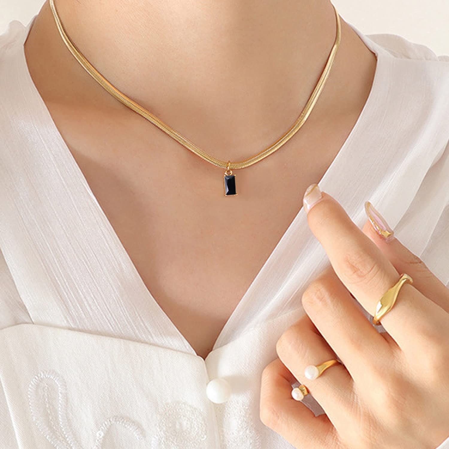 18k Gold gefüllt Vintage Choker S für Frauen wasserdichte Goldhalshänger Anti -Turner Edelstein -Zirkon -Rechteck -Anhänger