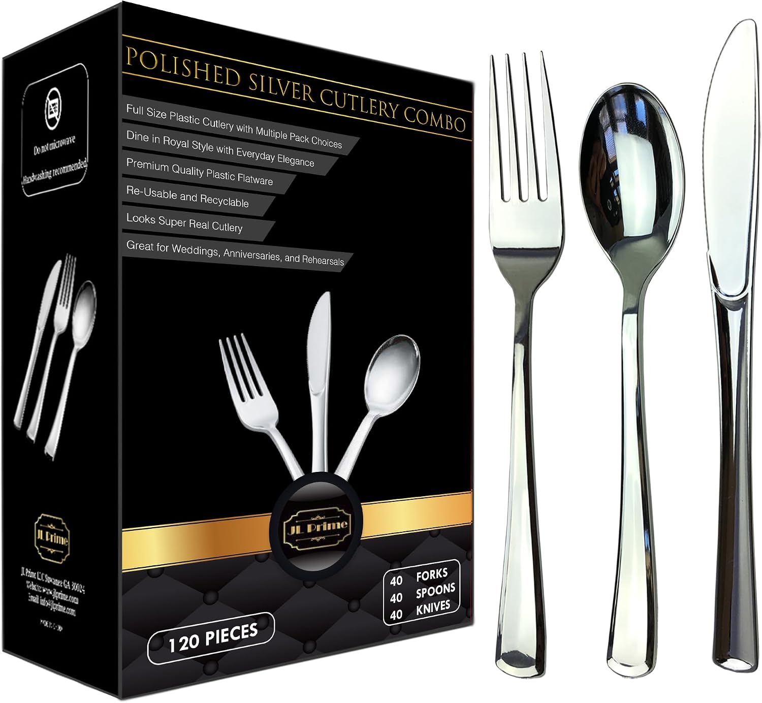 120 Piece Gold Plastic Silverware Set - Reusable & Recyclable - Gold Plastic Utensils for Weddings, Anniversaries, Showers, Parties - 40 Forks, 40 Spoons, 40 Knives - Elegant Cutlery by JL Prime