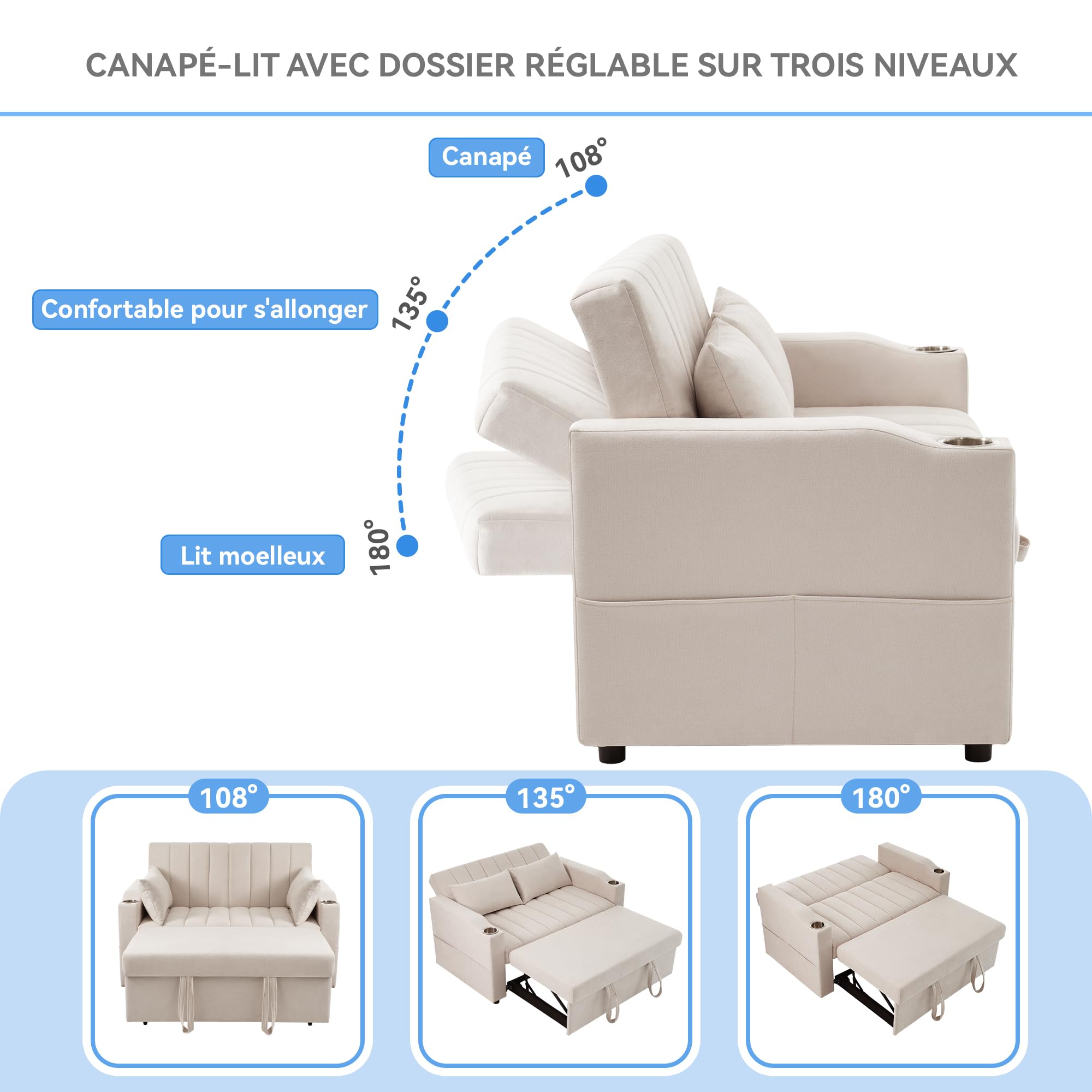Generisch Modułowa sofa z funkcją spania z 3-stopniową regulacją, podwójne siedzisko z przyjaznej dla skóry tkaniny bawełnianej, regulowane oparcie do 180°, nośność 150 kg, 136 x 162 x 84 cm, do