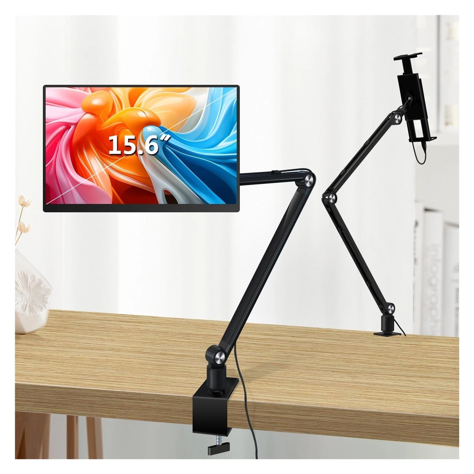 Ramię monitora, Uchwyt do stojaka na tablet, przenośny uchwyt biurko monitora ekranu 15,6'' 16'', aluminiowe długie ramię obrotowe(Wit)