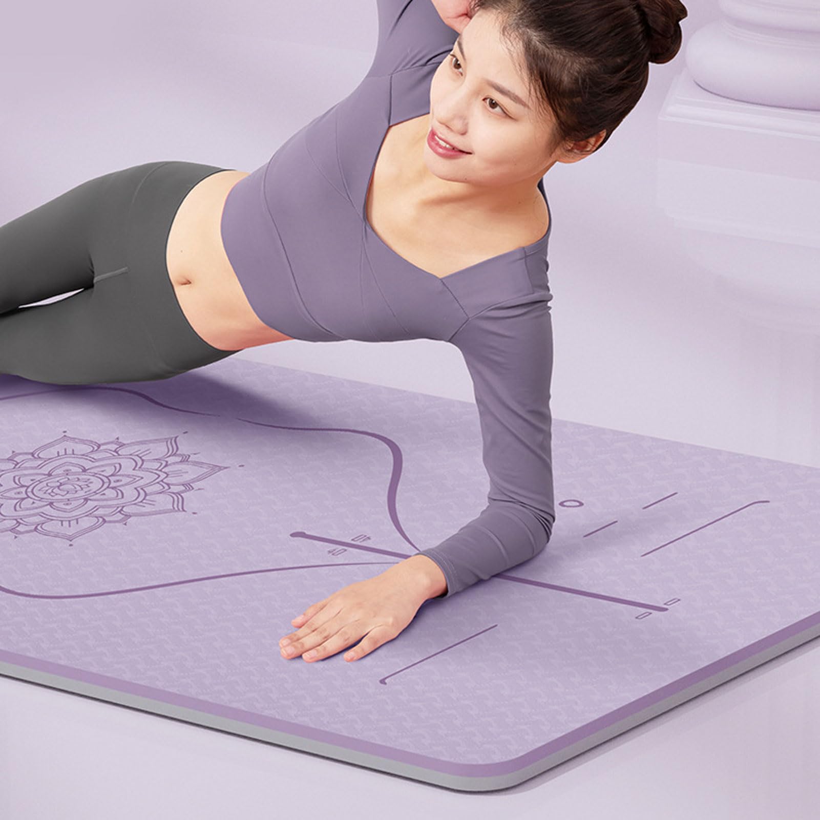 Tappetino da yoga con linee di allineamento, tappetini di fitness con pilates non slittati di yoga, con imbracatura e carrello da trasporto, tappetino per esercitazioni extra spesse ad alta densità