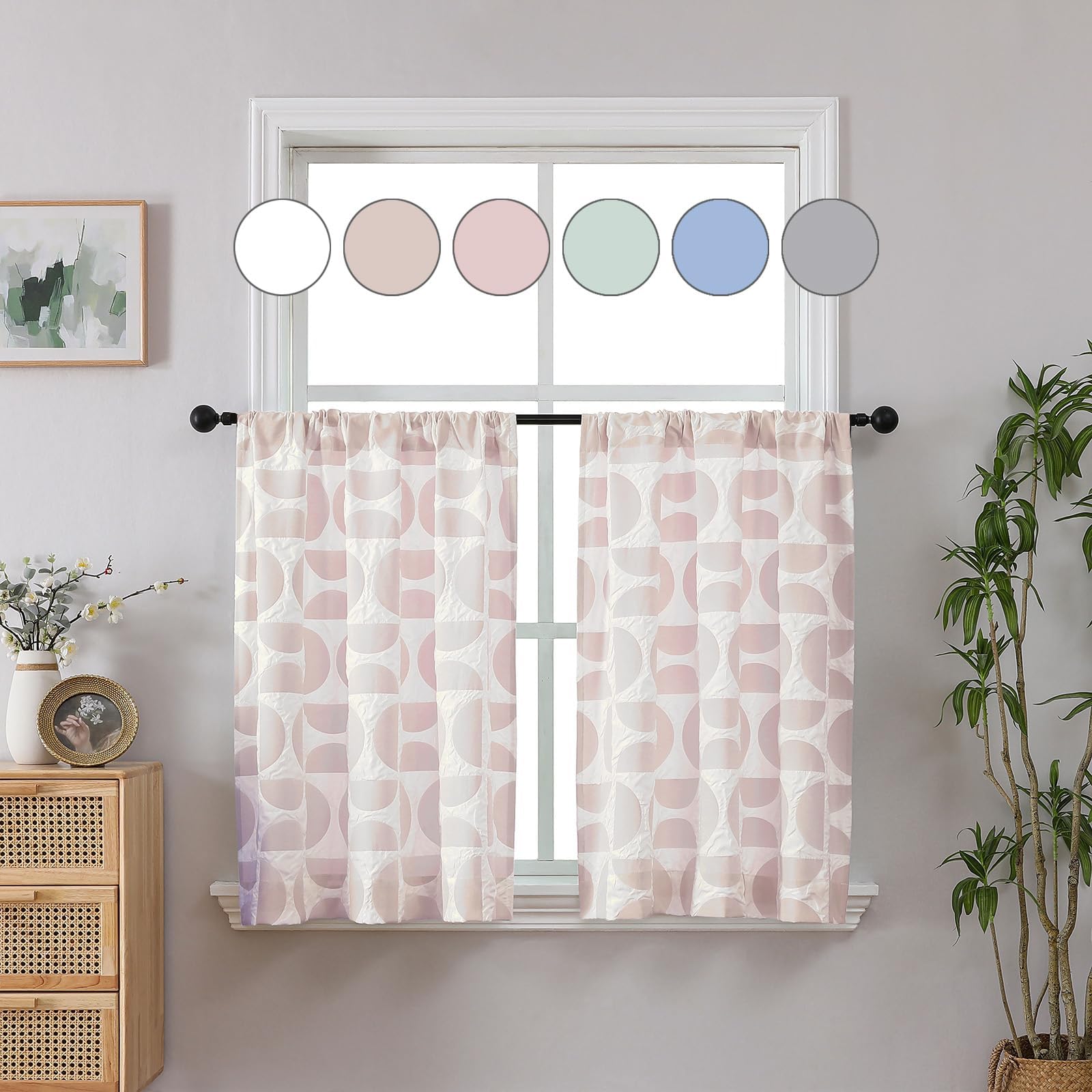 Aiyufeng Pink and White Curtains Tier 36 Inch Length 2 Panels Set, Elegant 3D Embossed Textured Window Curtain Panels, Soft Airy Short Curtains for Living Room Bedroom, Each 38" Wx36 L Inches