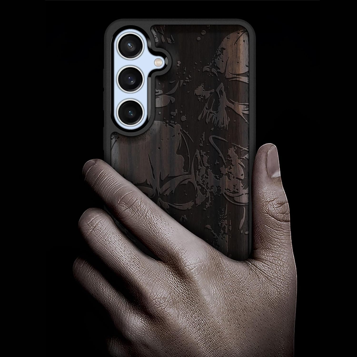 Carveit Wood Case for Galaxy S24 Case [Natural Wood & Black Soft TPU] Shockproof Protective Cover Unique Wooden Design Compatible with Samsung S24 (Grunge Style Skull Pattern-Blackwood)