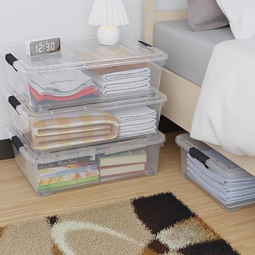 Miniatura 6 de Paquete de 4 contenedores organizadores de plástico de 25 litros debajo de la cama, con tapas de pestillo y ruedas, caja de almacenamiento de ropa