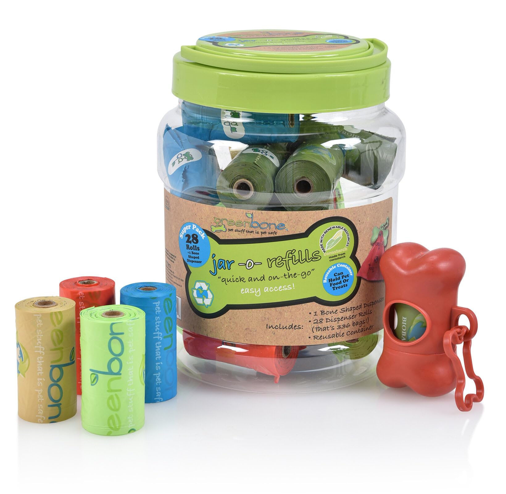 Greenbone 18000 BioBase Waste Bag Rolls with A Re-Usable Carry Handle Cannister & Bag Dispenser - 28 Pack (336 Bags) (2 Box)