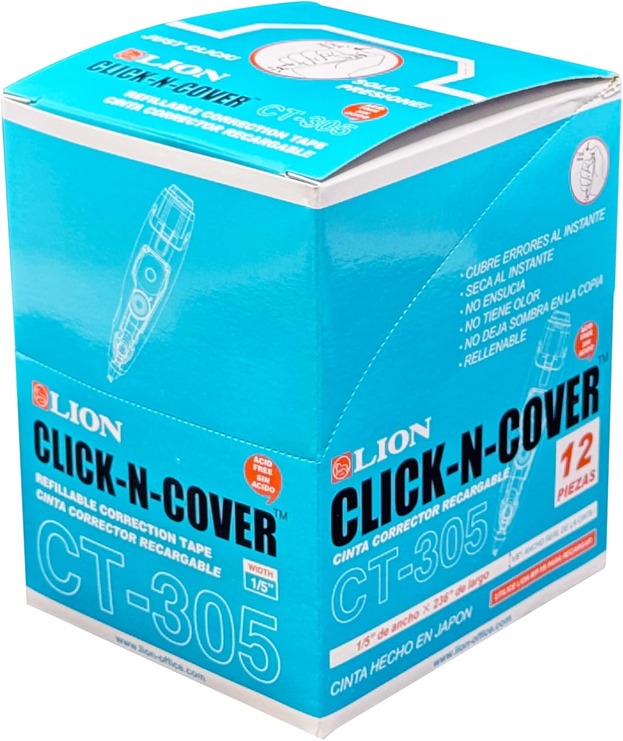 LION CLICK-N-COVER Refillable Correction Tape, Retractable Tip, 1/5" wide and 236" long, Acid-Free, Economy Box, Box of 12 (CT-305-12B)