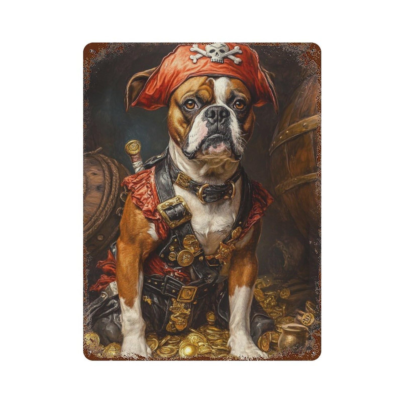 Pirate Dog Treasure Chest-17 Rusty Metal Tin Sign 15.7"x11.8", Vintage Wall Decor for Garage, Pub Or Kitchen