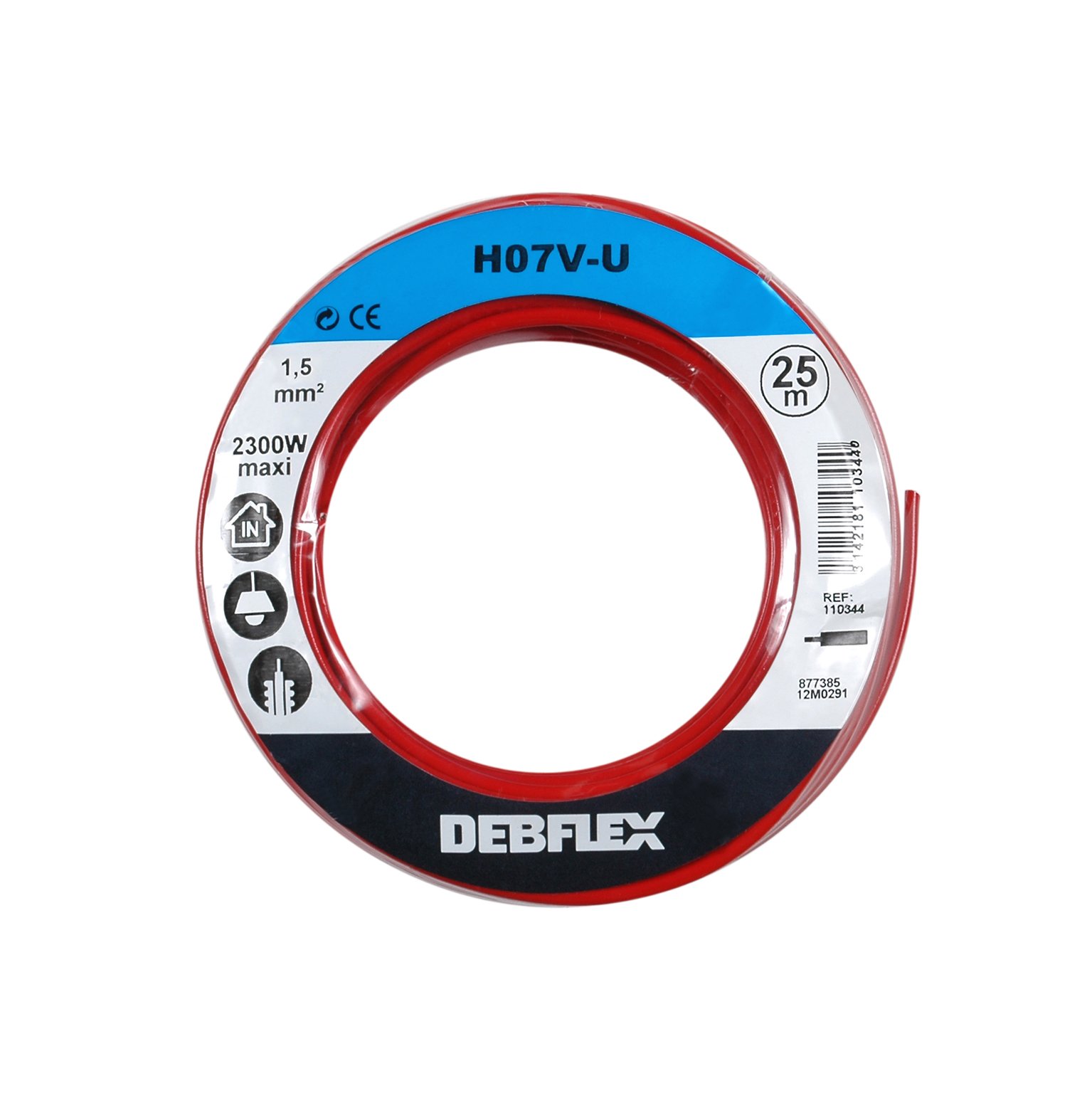 Bobina Debflex HO7V-U 1,5 rojo de 25 metros para cableado residencial