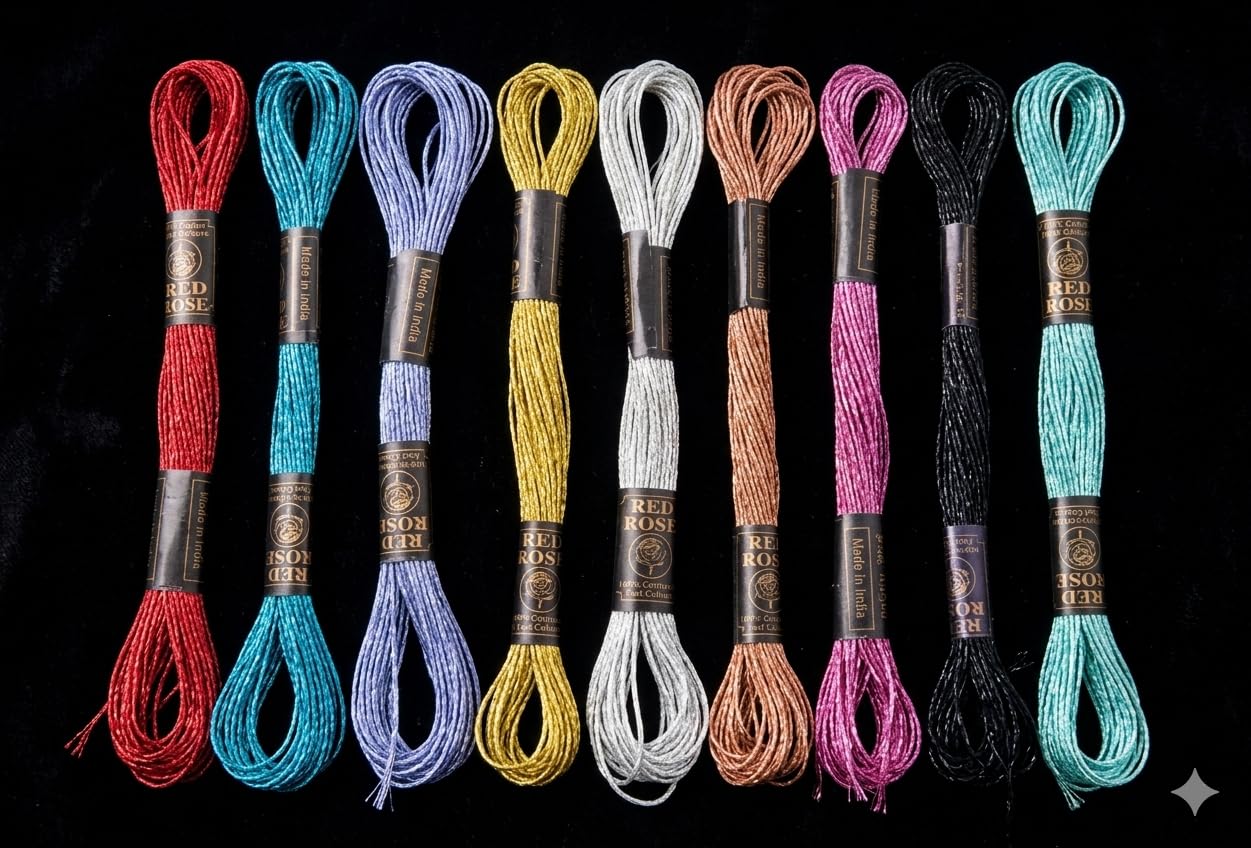 9 Multicolur Metallic Embroidery Cross Stitch Floss Threads for Craft & Projects Embroidery Work, Tassel Making aari Work (4 to 6 Metre in 1 skiens)-image-18