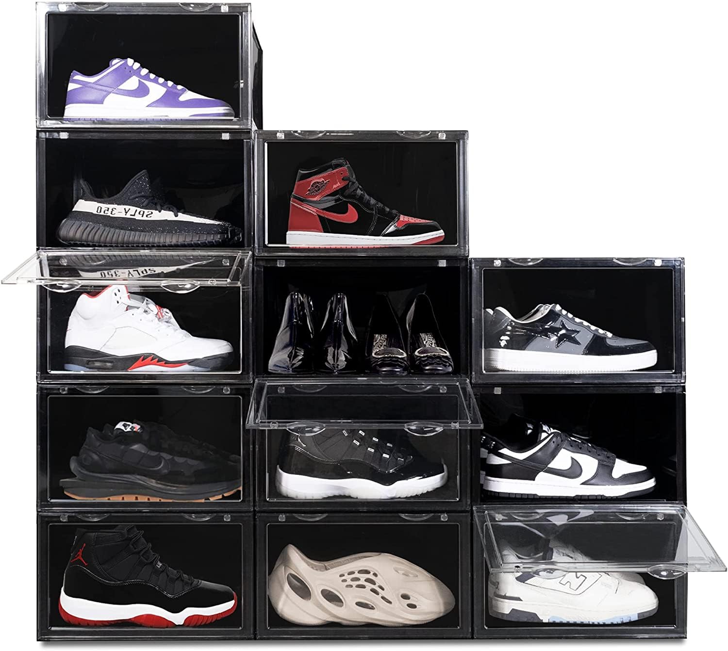 Black Drop Side Shoe Box, Sneaker Display Case Shoe Box, Plastic Stackable Large Shoe Storage Organizer with Lids, Clear Hard Shoes Container For Home, Office, Closet, Entryway etc (Pack Of 6)