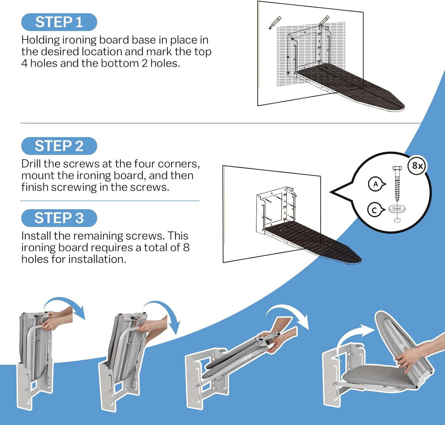 Wall Mounted Ironing Board Adjustable Height, 36 x 12 Inch Fold Away Iron Board Wall Mount Space-Saving Ironing Board with Removable Heat Resistant Cover for Small Spaces Home Laundry Room