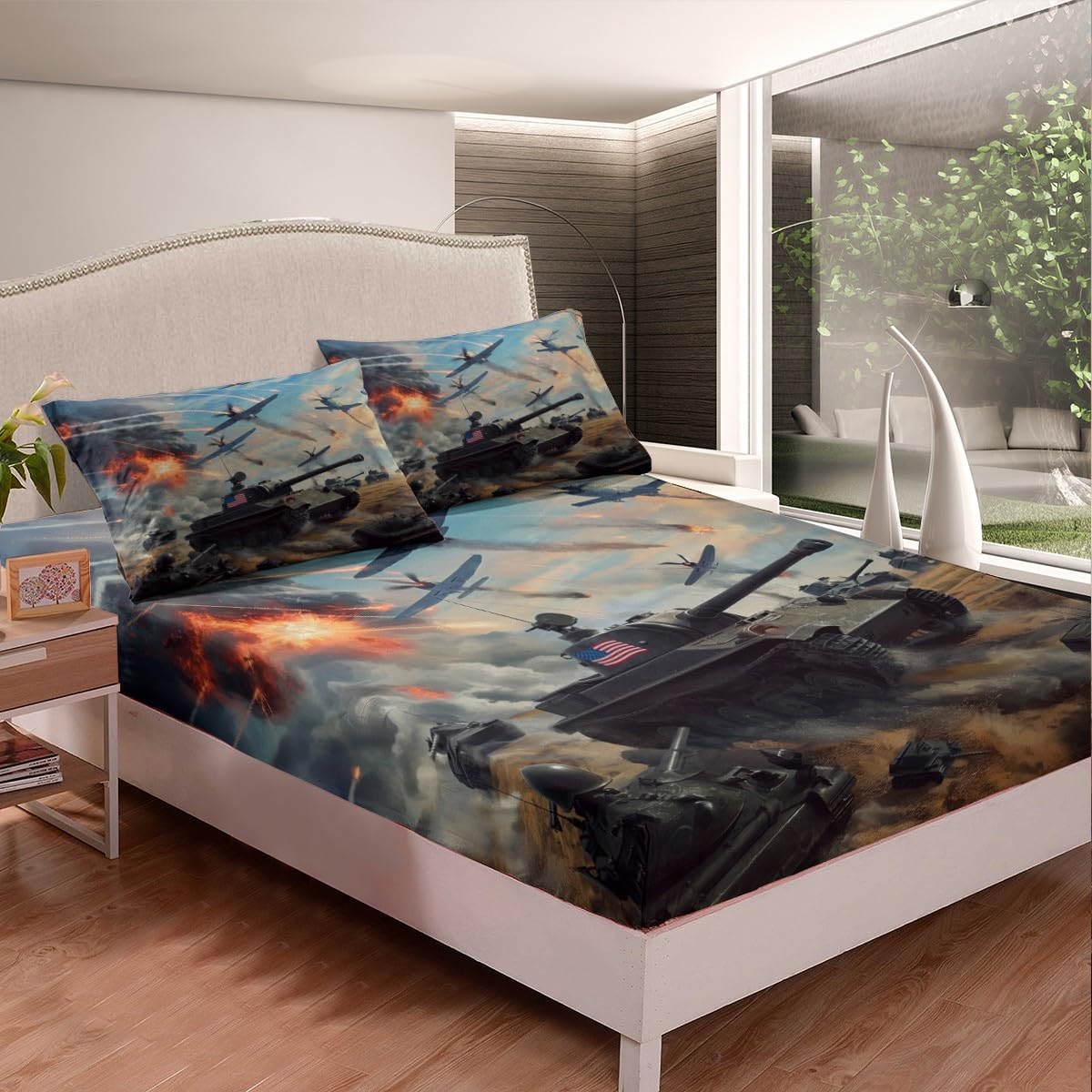 Tank Aircraft Fitted Sheet Twin Size,Modern Military Theme Bedding Set 2Pcs for Kids Boys Teens Men Room Decor,Flying Airplane Bed Sheet Cool Army Green Tank Deep Packet Sheet,1 Pillowcase - Image 2
