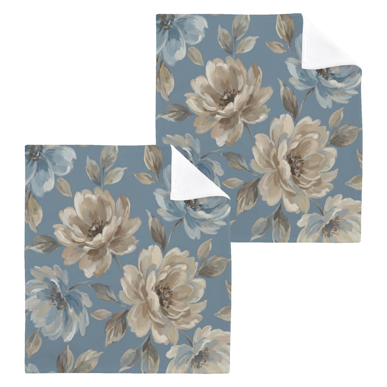 BOESI Dusty Blue Peony Brushstroke 12x12in Cotton Washcloth,Face Towel