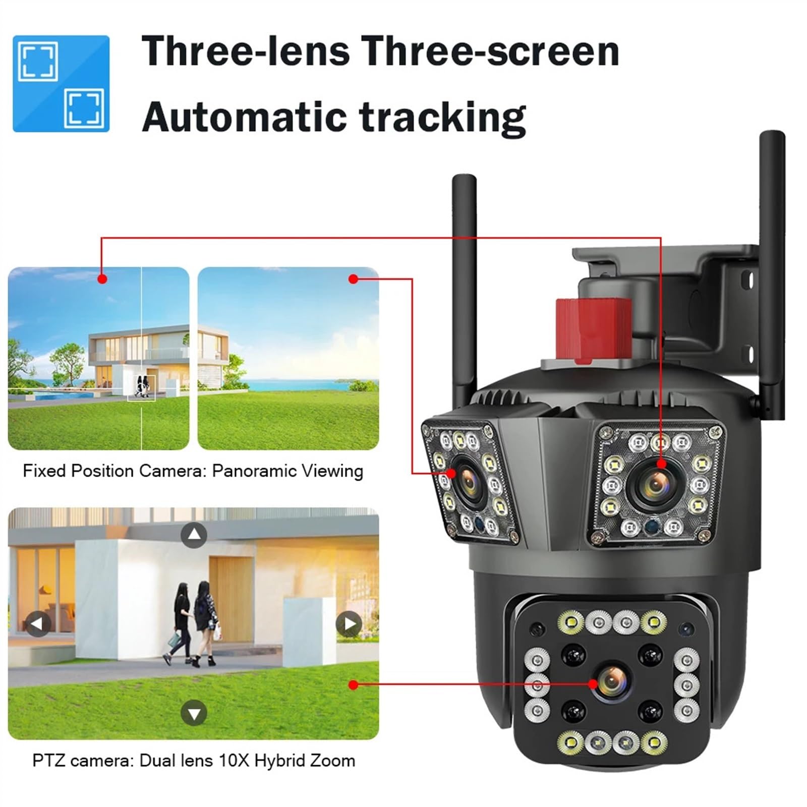 Telecamera di Sorveglianza, Telecamera esterna IP da 12 MP 6K PTZ Tre lenti Doppio schermo Zoom 10X Monitoraggio automatico Protezione di sicurezza impermeabile