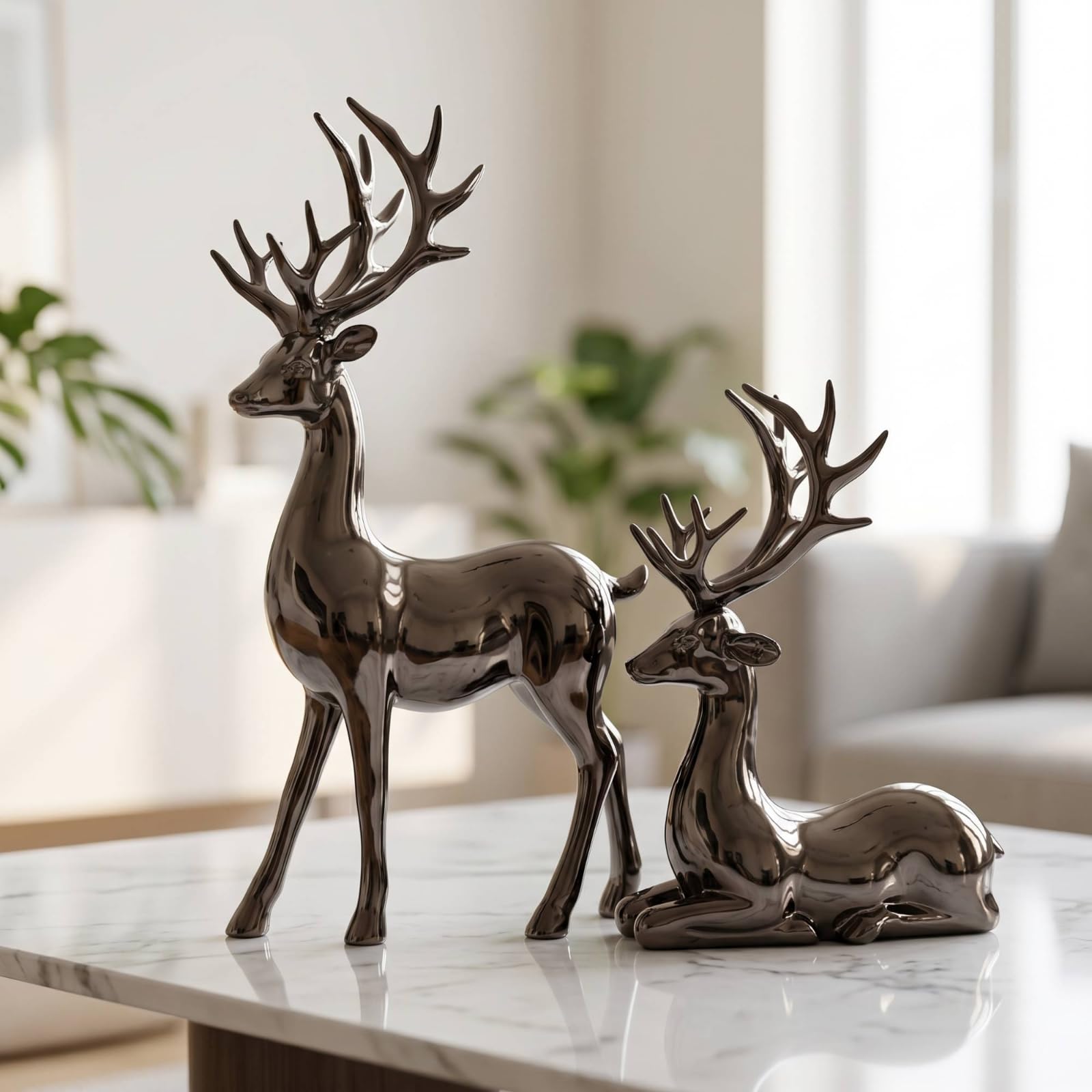 Figura de Ciervo Estatua Escultura Adorno Ornamento con Diseño Elegante y Brillo Espejo en Resina Combina con Interiores Modernos Adecuada para Mueble, Azul