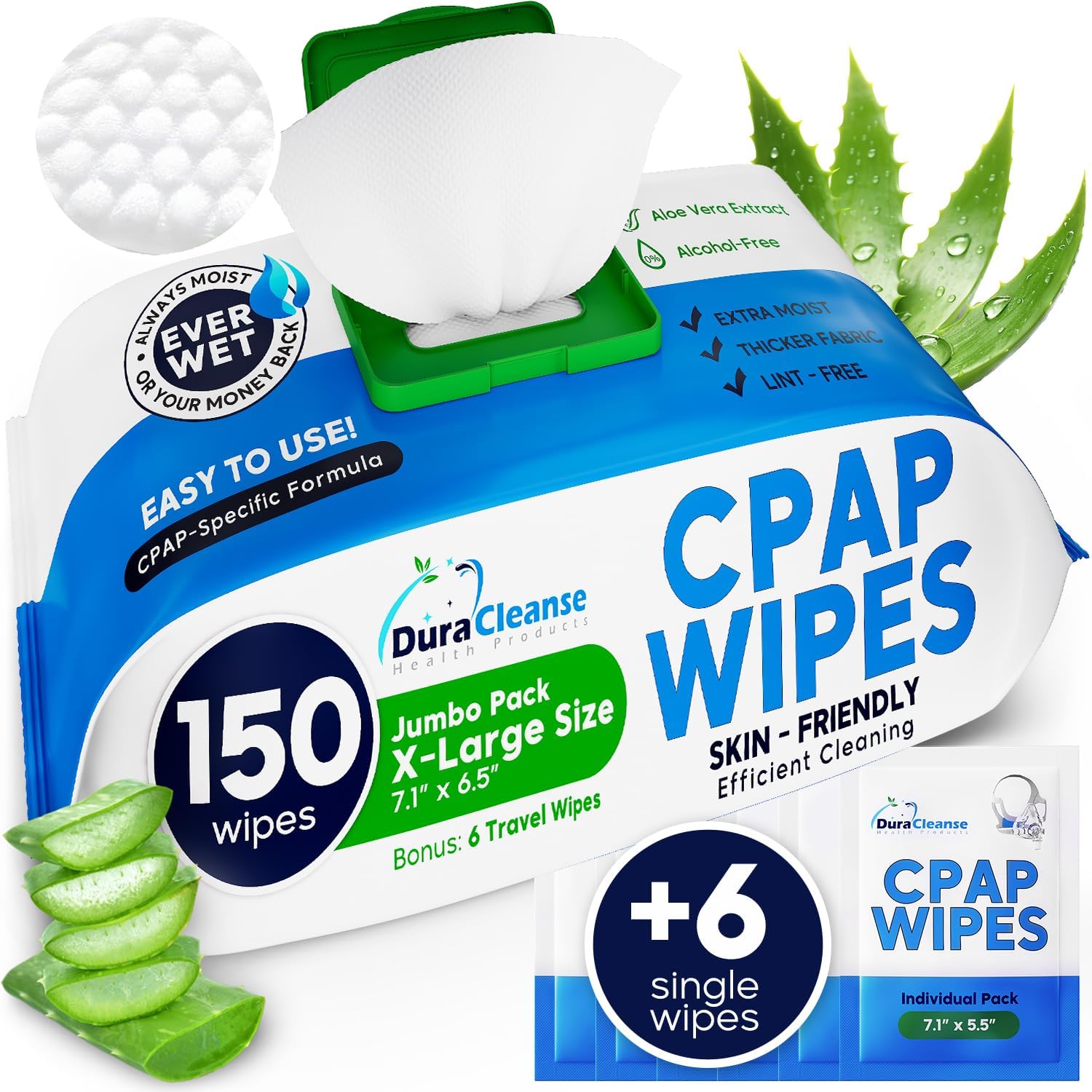 Product image of CPAP Mask Wipes - 150 Count Jumbo Pack + 6 Travel Sheets - Dura Cleanse Extra Large, Extra Moist Cleaning Wipes for Full Face, Nasal Masks Unscented Cleaner for CPAP Machine, Supplies and Accessories
