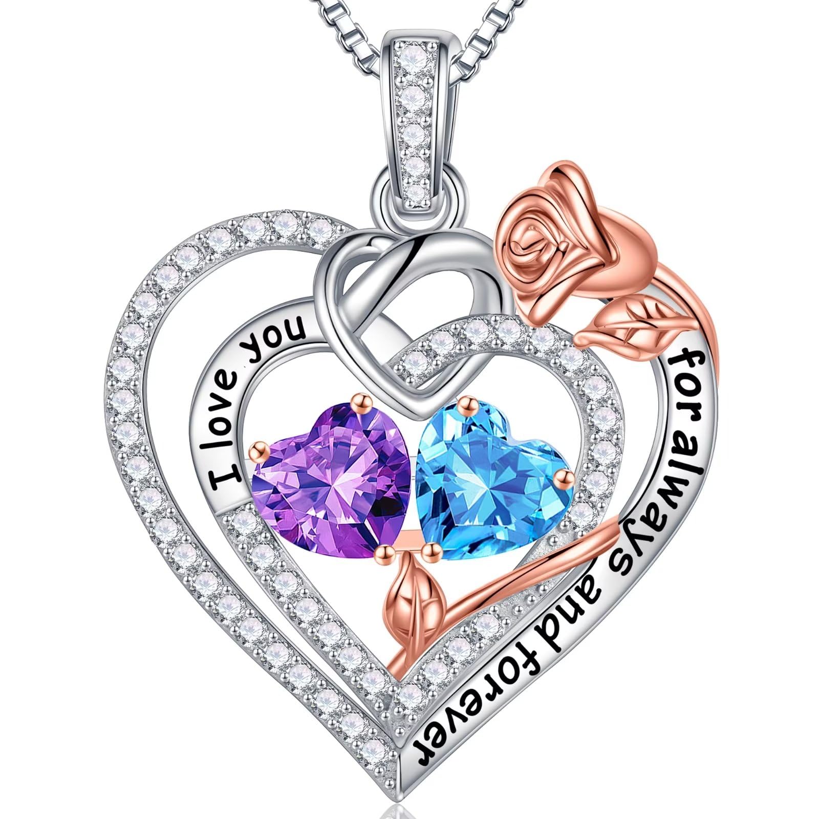 Iefil Rose Heart 925 Sterling Silver Birthstone Necklace