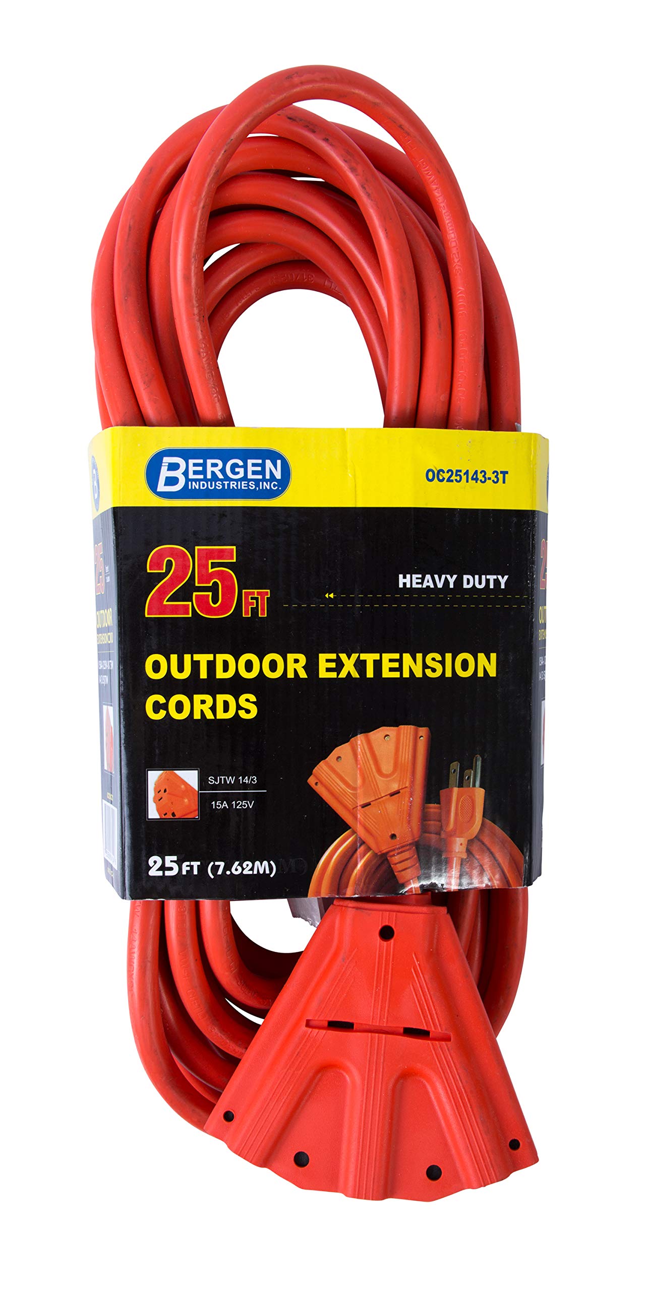 Bergen Industries Heavy-Duty Outdoor Triple Tap Przedłużacz 25', 14 AWG, 15A/125 V AC, pomarańczowy