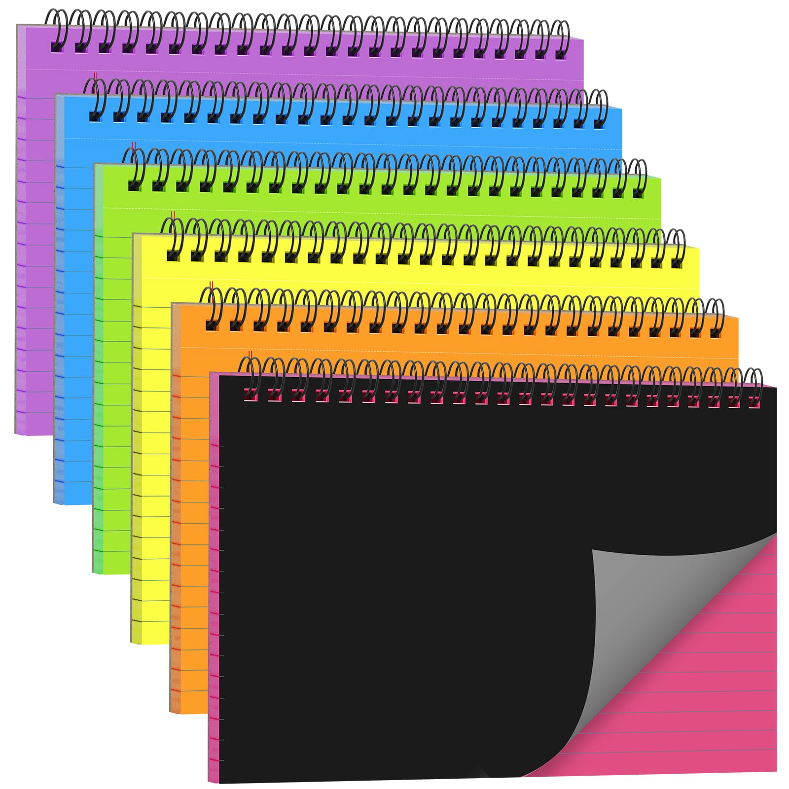 MotiMind Lot de 6 petits blocs à spirales de 21,1 x 14,7 cm, petits carnets à spirales perforés lignés pour université, 40 feuilles chacun, petit bloc-notes Steno avec couverture noire pour la maison