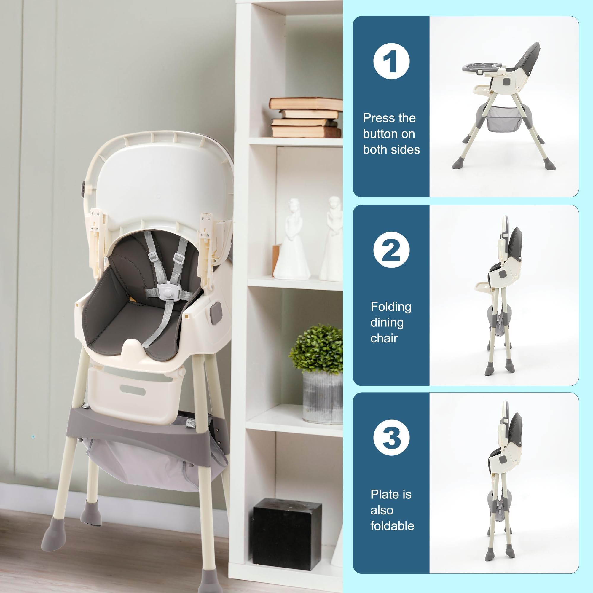 Trona Bebé 3 en 1 Plegable - 3 Posiciones Reclinable Con Ruedas, Doble Bandeja Extraíble, Asiento Reposapiés, Altura Regulable - Para Bebés 6+ Meses, Gris