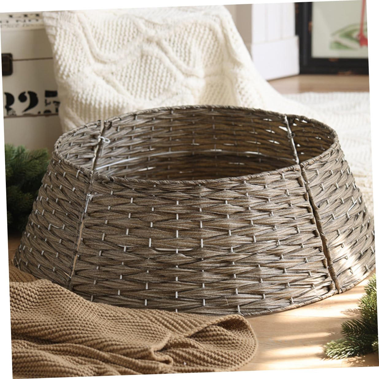 SOLUSTRE Collare per Albero di Natale Intrecciato Grigio, Gonna Finta Decorativa Plastica per Interni ed Esterni, Supporto Decorazioni Natalizie per Bar, Hotel e Casa, Misura