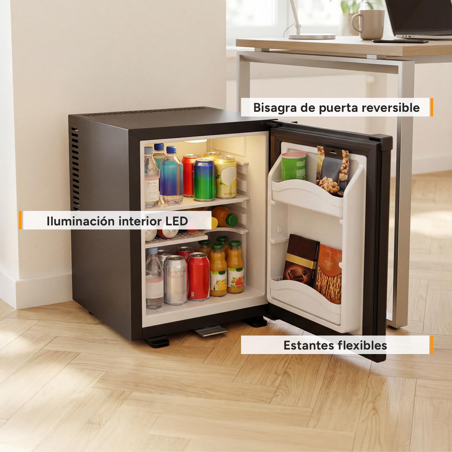 TZS First Austria - Mini Frigorífico 30L completamente silencioso - Pequeño Minifrigo con puerta reversible y luz interior - Minibar para camping, oficina, dormitorio y hotel - Negro mate