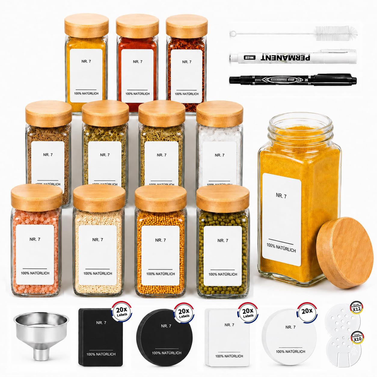 SAEIV Umweltfreundlicher Bamboo-Deckel Gewürzgläser Eckig -Set | 24Gewürzdosen Mit Gewürzetiketten | Perfekte Organisation Küche Gewürz Organizer | 120ml Gewürzbehälter aus Glas