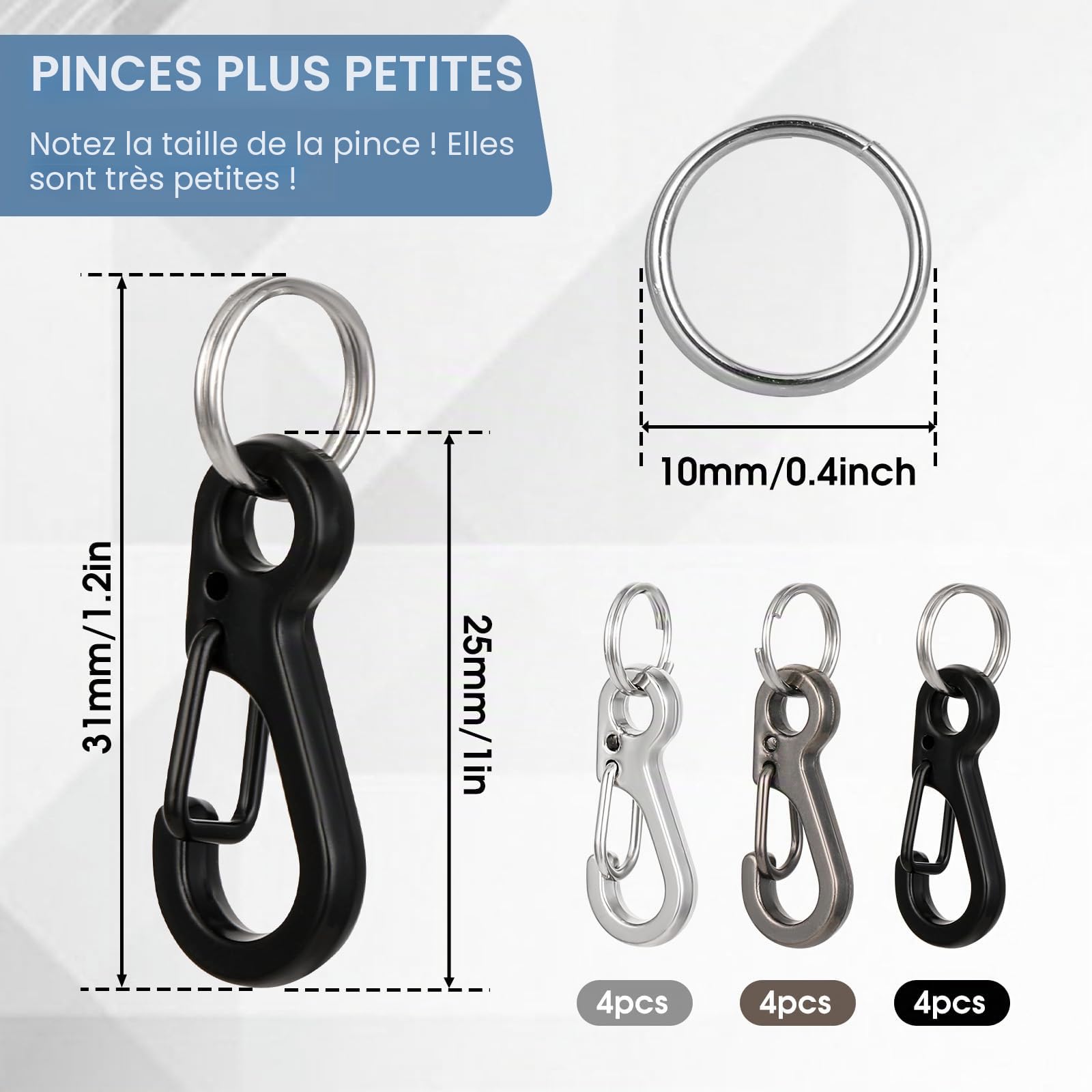 12 Ensembles Mini Mousqueton Porte Clé avec Ensemble Ressorts en Métal Amovible Petit Mousquetons Porte Clés 2,5 Cm pour Sac à Dos Pêche(3 Couleurs)