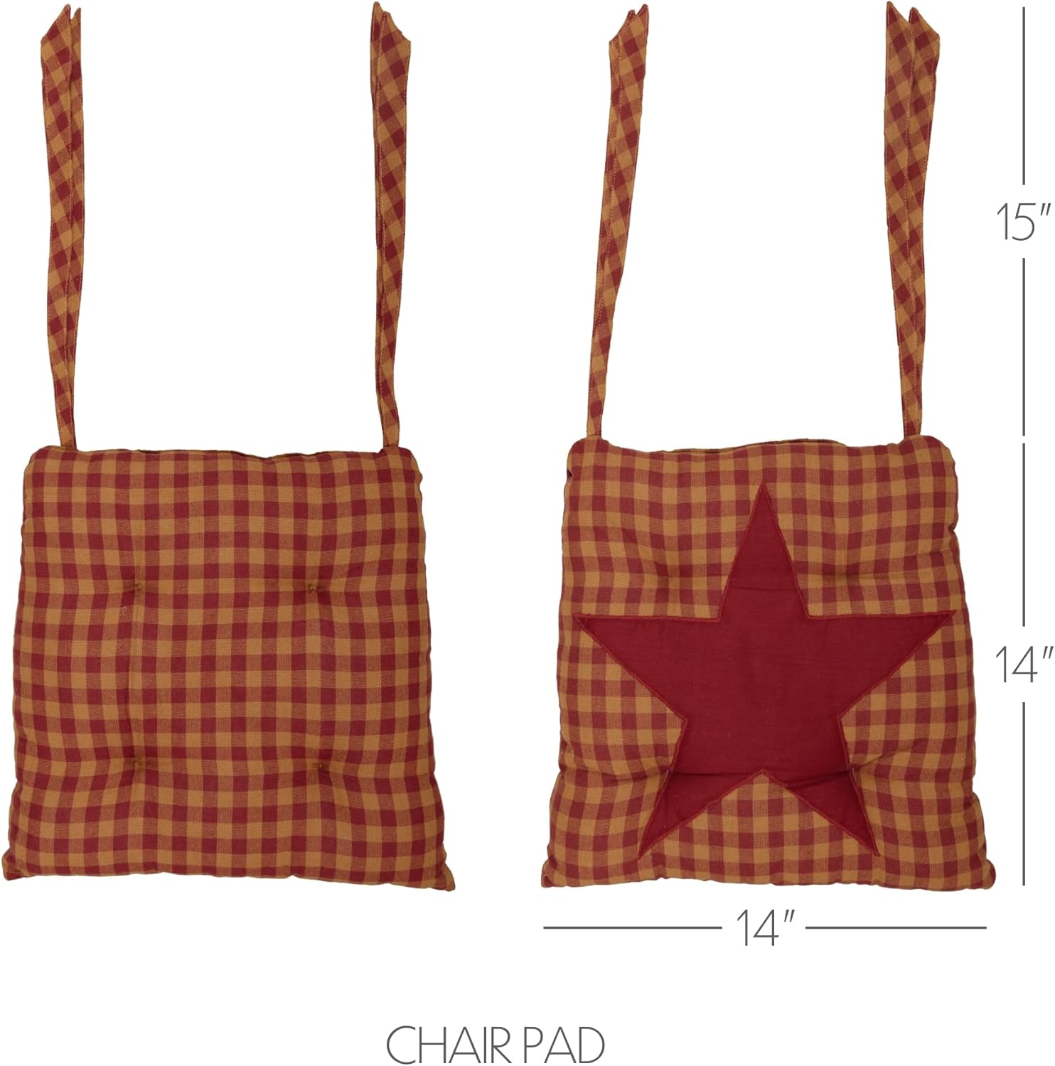 VHC Brands Star Cotton Primitive Tabletop Kitchen Tie Back(s) Appliqued Square Chair Pad, King, Burgundy Red, Set of 2