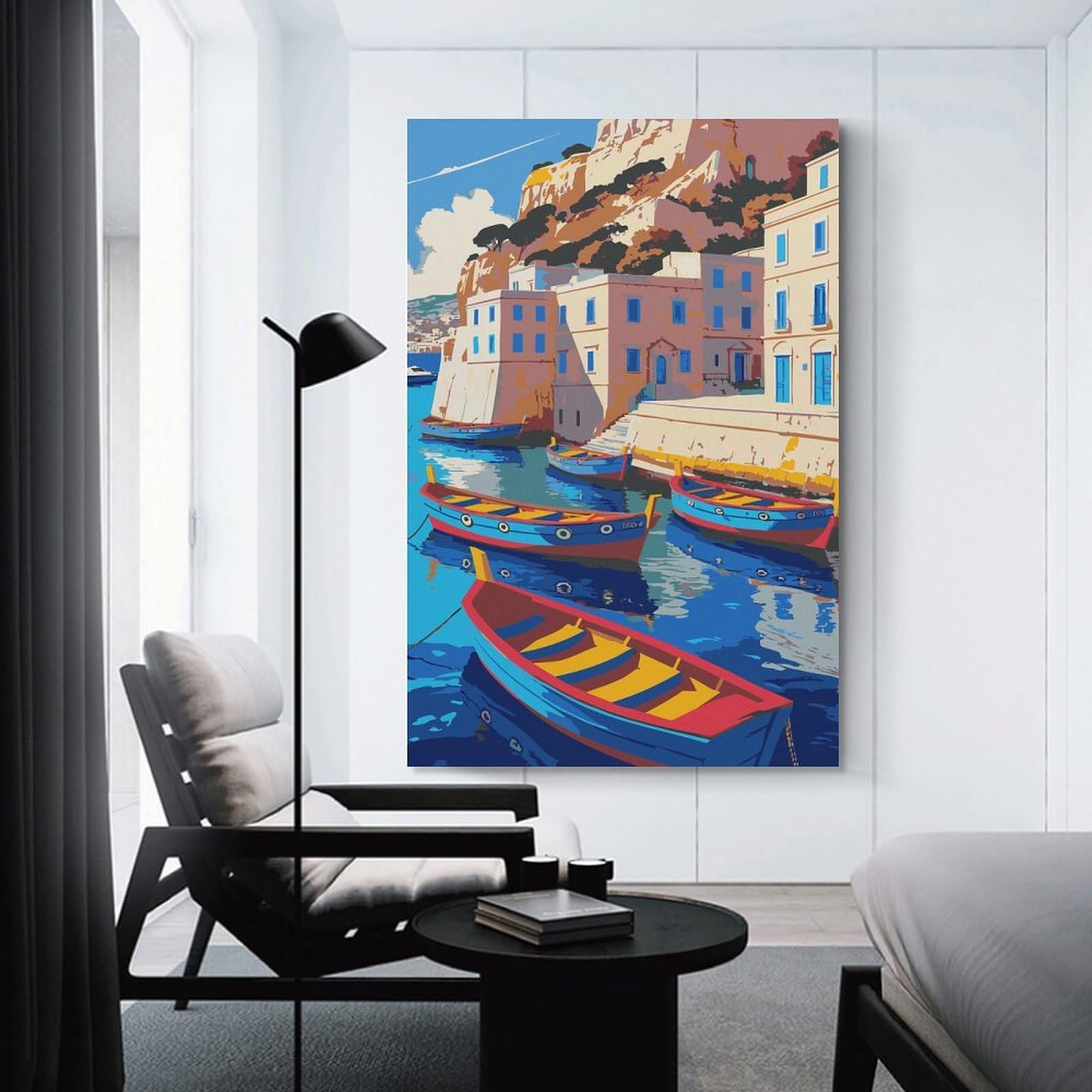 Junmoney Decorative Wall Artwork Coastal Village with Boats Illustration, 20x30inch(50x75cm), for Lounge, Bedroom Or Personal Spaces, Gift Idea for Housewarming And Birthdays