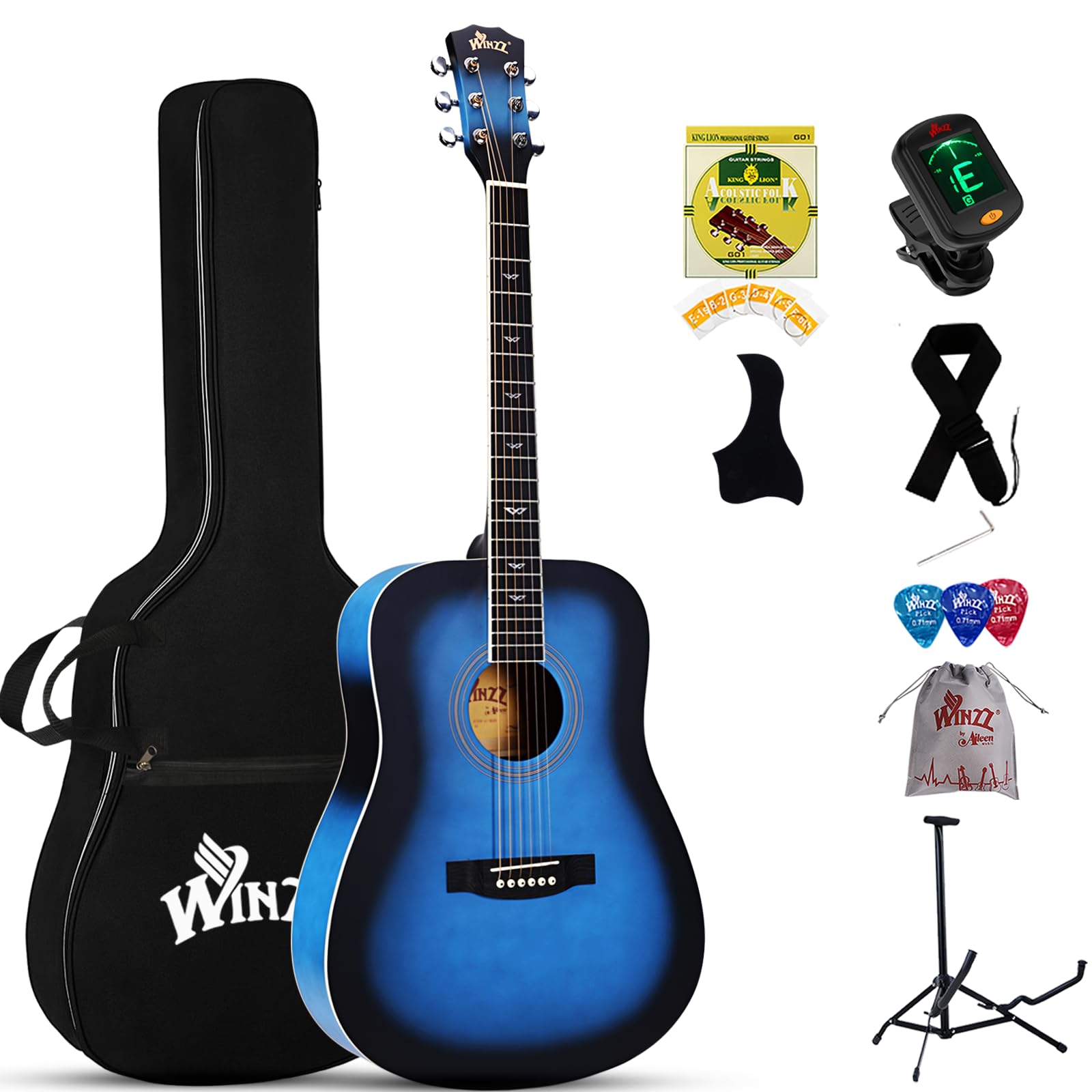 Winzz Akustikgitarren 4/4, Anfänger Gitarren 41 Zoll mit Gitarrentkoffer, Stimmgerät, Gurt, Plektren, Extra Saite und Gitarrenständer (Blau)
