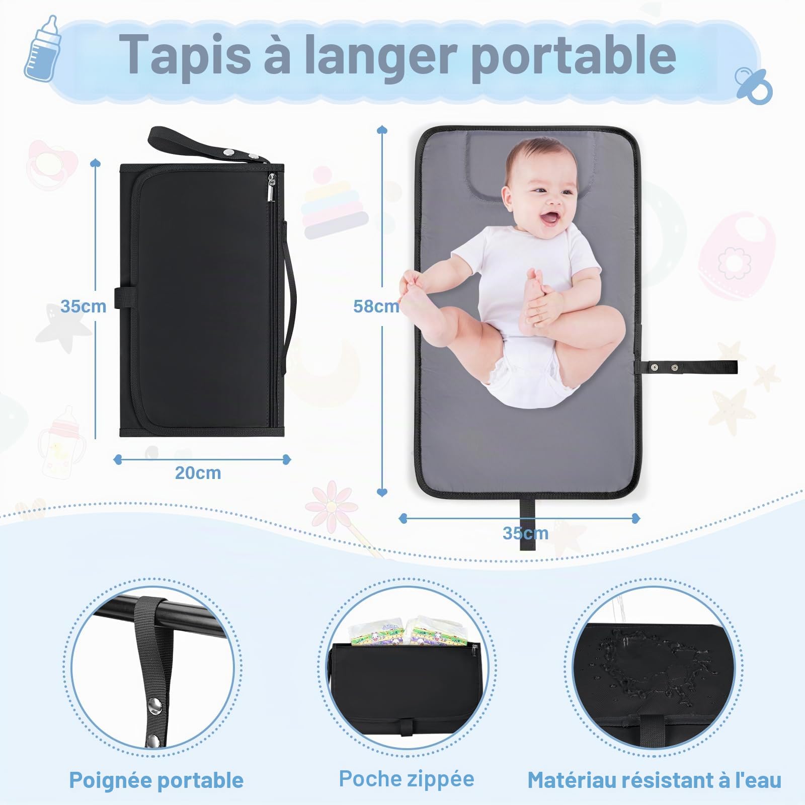 RAINSMORE Sac a Langer Bebe Multifonction Sacs à Dos à Langer Avec Matelas à Langer Grande Capacité Sac de Maternité Maman et Papa Noir
