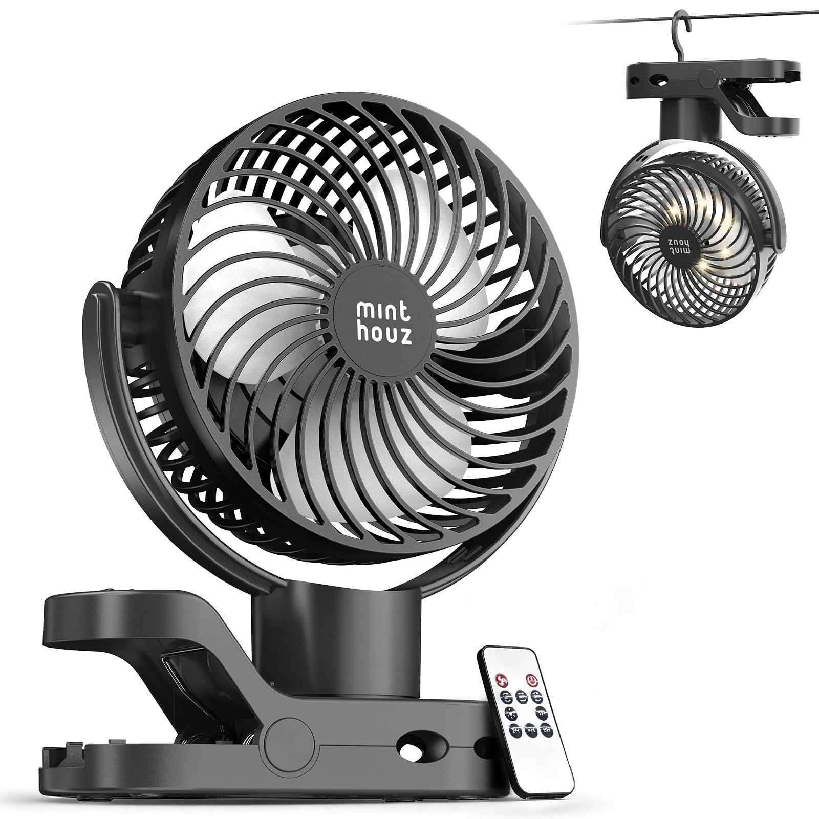 Minthouz 8000mAh Clip on Fan, 4 Speed 6 Inches Portable USB Desk Fan with Rechargeable Battery, Light, Timer, Max 38 Hrs, 360° Rotation Quiet Personal Fan for Home Office Stroller Camping Golf Cart