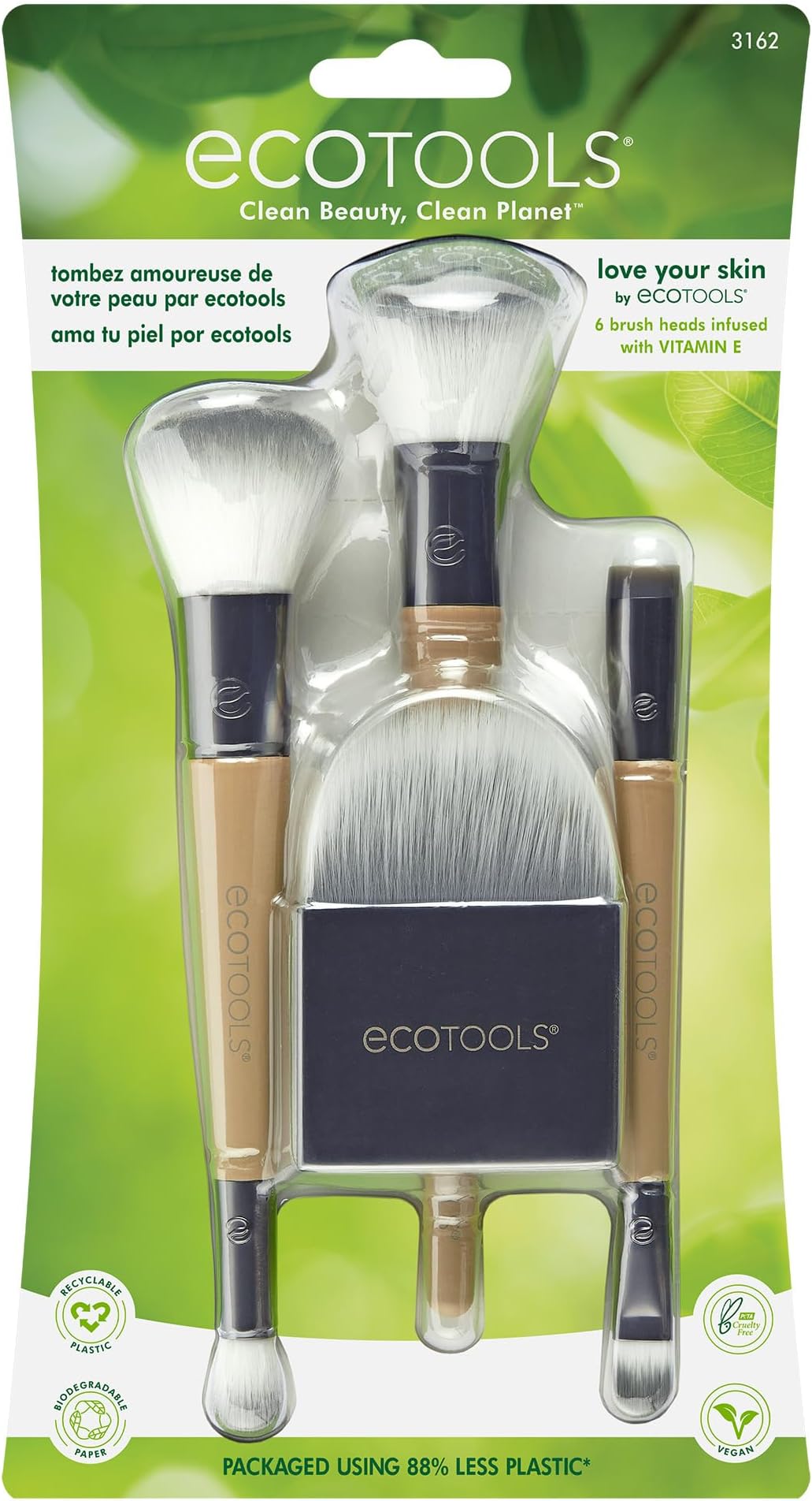 EcoTools Love Your Skin Makeup Brush Kit, with Flat Applicator, Under Eye Roller, Contact Sweep, Swirled Powder, Buffing Foundation, and Final Touch Concealer, 4 Brushes with 6 Brush Heads