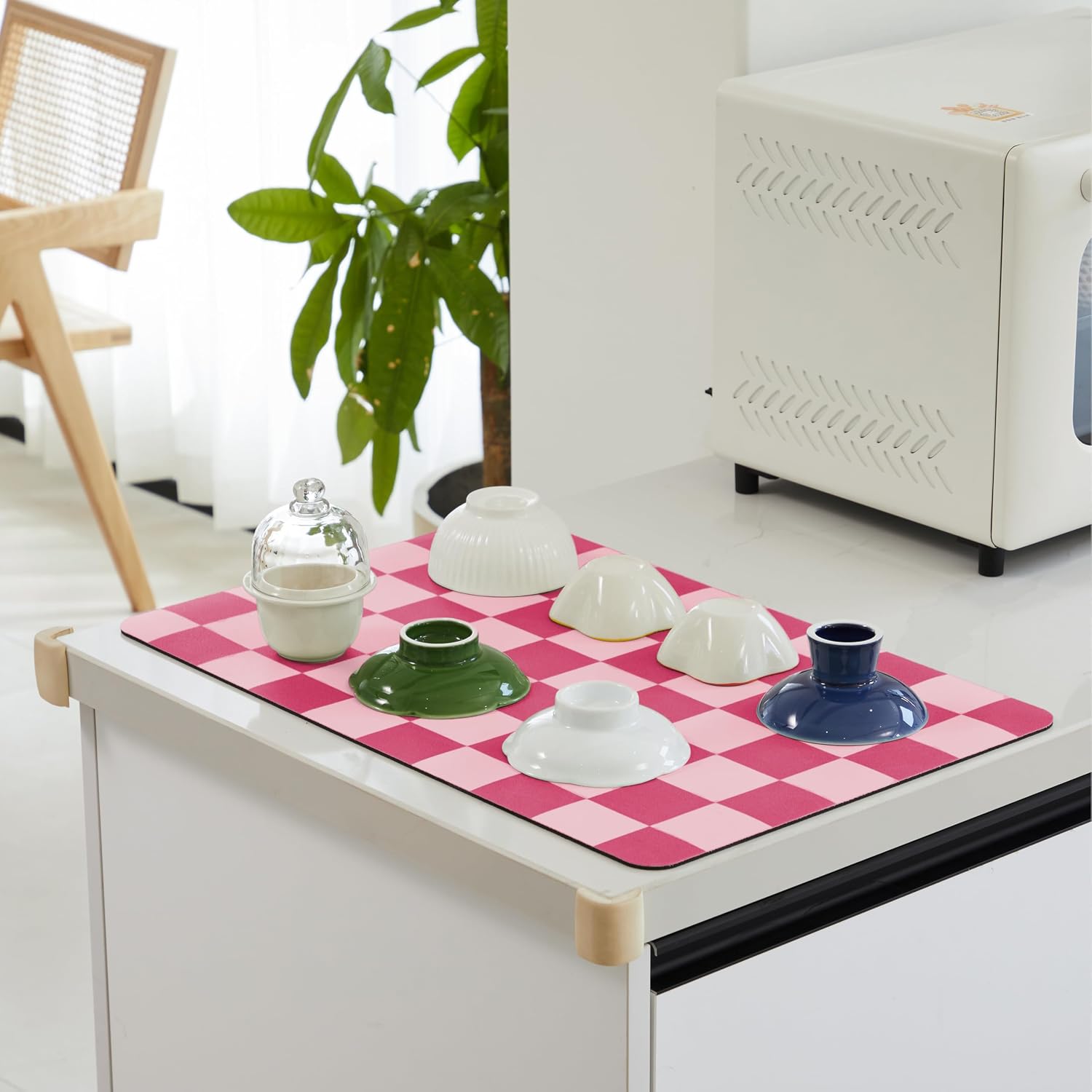 Ohocut Checkered Dish Drying Mat for Kitchen Counter, Coffee Bar Station Accessories, Retro Cute Aesthetic Modern Absorbent Drainer Mat Kitchen Drying Mat Easy Clean, Hot Pink 12" x 19" image 3