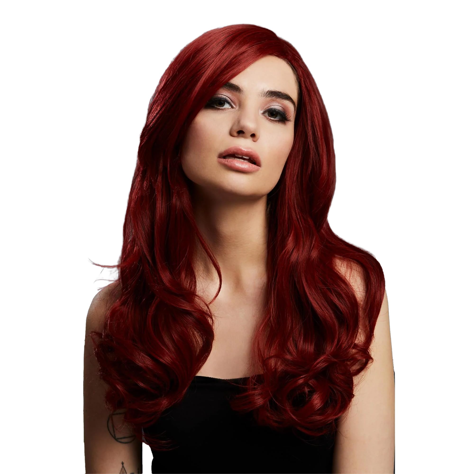 Smiffys Fever Khloe Wig, True Blend, Ruby Red Long Wave, Centre Parting, 56cm/22in, Fever Wigs Fancy Dress, Halloween Fancy Dress Accessories Dress Up Wigs