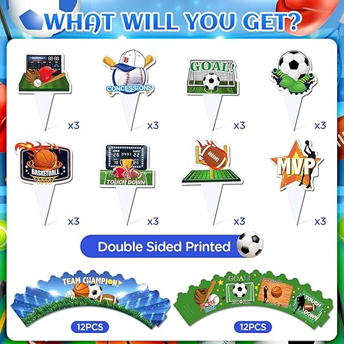 Miniatura 9 de 48 piezas de decoración de cupcakes de fútbol y envoltorios para fiestas de fútbol, decoraciones de cupcakes de fútbol para niños, adolescentes,